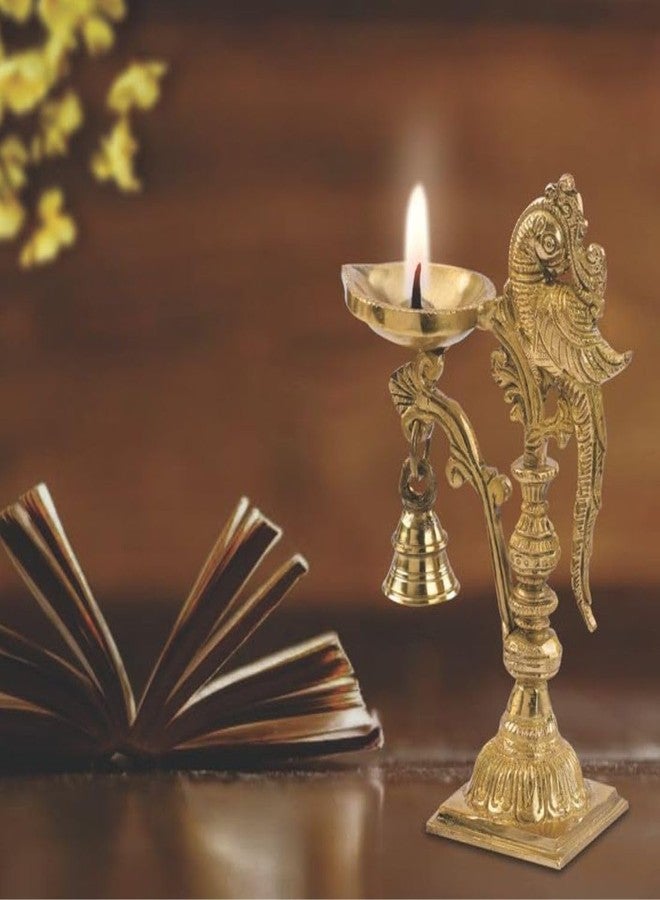 DEVDECOR Brass Peacock Decorative Diya with Traditional Bell Antique Deepak Design, Table Decor with Stand, Home Diwali Gift, Temple Pooja, Gold Colour (20X12.5X8cm) | 687 gram - Image 5